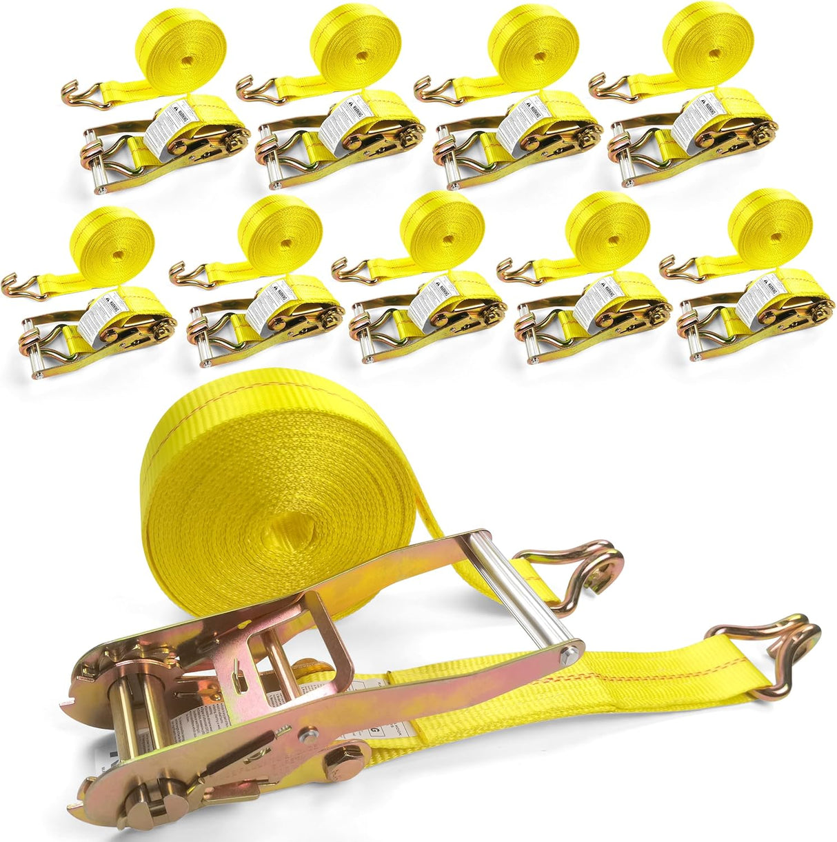 10 Pack 2" x 27' Ratchet Tie Down Straps with J-Hook Ends, 10,000 lb Break Strength | KJE