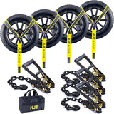 4 Pack 2" x 10' Reflective Wheel Tie Down Straps, Lasso Wheel Straps with Anchor Chain Ends, 10,000 lb Break Strength | KJE