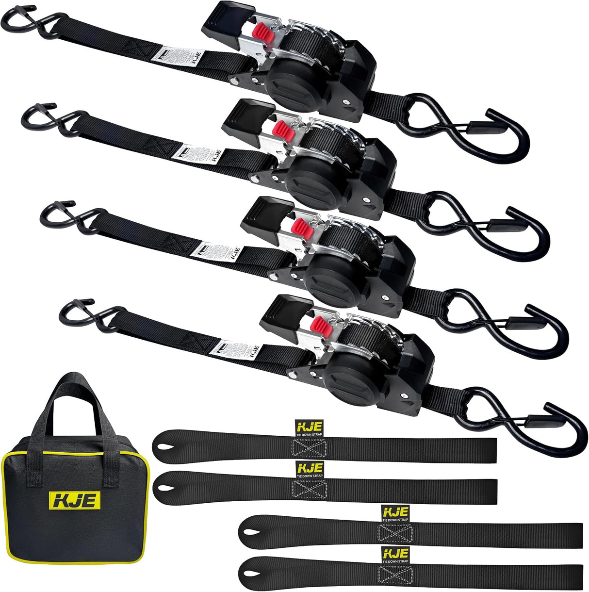 4 Pack 1" x 10' Retractable Ratchet Tie Down Straps with Soft Loops & S-Hooks, 1,650 lb Break Strength | KJE